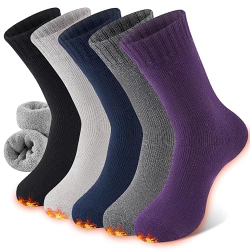 Niorasen Thermal Wool Socks for Women 5 Pairs Multipack, Ladies Warm Winter Walking Hiking Crew Socks for Boots, Thick Comfy Cushioned, Black & Multicolour, Valentines Birthday Gifts for Girlfriend