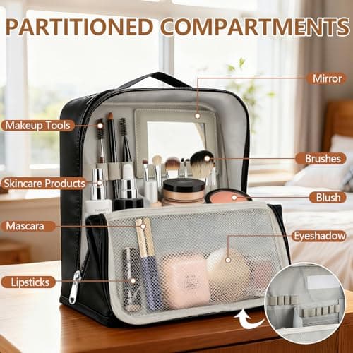 Travel Makeup Bag, CS COSDDI Make Up Bags for Women Large Capacity Cosmetic Bags Waterproof Toiletry Bag with Luggage Compartment Tie and Detachable Mirror, Leather Portable Standing Makeup Bag — view 5