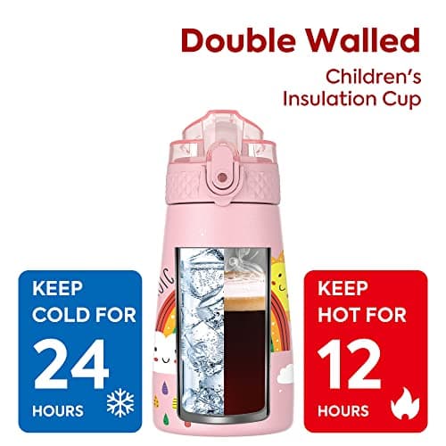 OLDLEY 350ml/12oz Kids Stainless Steel Water Bottle with Straw for School with 2 Different Lid Metal Vacuum Insulated Water Bottles Small Flask for Boys Girls Toddler Children Hot Cold Drinks BPA Free — view 3
