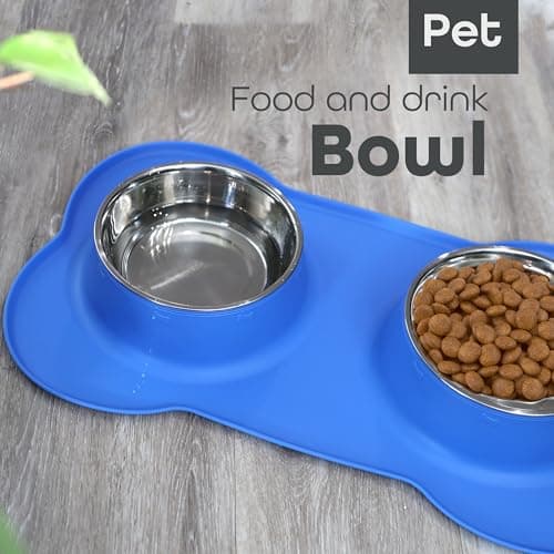 DIVCHI Dog Bowls, Stainless Steel Double Bowl Set for Cats & Dogs, Non-Slip Silicone Mat, Food & Water Feeding Bowls for Puppies, Small Medium Dogs & Kittens (Blue, L) — view 2