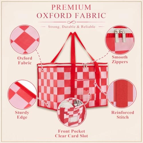 Ohocut Checkered Cooler Bag, Large 40L Foldable Insulated Grocery Shopping Bag, Checkerboard Cool Insulated Food Delivery Bag for Picnic, Camping, Travel (Double Pink) — view 5