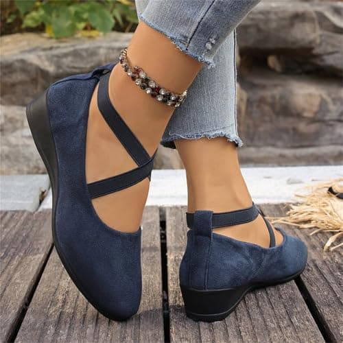 ziubauyke Women's Ballet Flats Closed Toe Crisscross Strap Wedge Shoes Comfy Summer Wide Fit Sole Stretchy Ankle Ballerina Ladies Comfy Dress Elegant Slip-On Pump Shoes Size 6.5 Blue — view 3