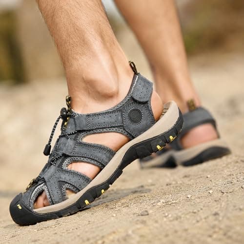 Hixingo Men's Sandals Closed Toe Wide Fit Size 5-13 UK, Leather Sandals for Men Summer Beach Slippers with Adjustable Drawstring Lightweight Non-Slip Sole for Walking Holiday (Blue,8) — view 3
