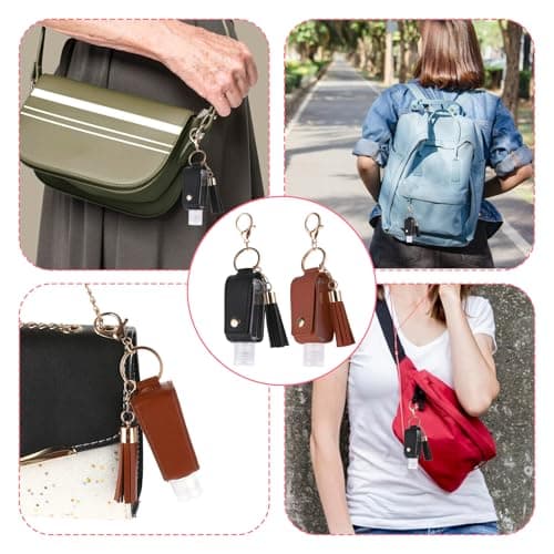 Molain 2 Pcs Hand Sanitizer Keychain 30ml Portable Leather Hand Sanitizer Holder Leakproof Empty Bottles Hand Sanitizer Travel Holder Bottle Refillable for Lotion Liquid Soap Shampoo(Brown,Black) — view 5