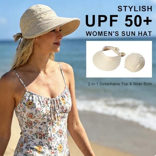 ADUDVLO Sun Hats for Women UK, Stylish UPF 50+ 2-in-1 Detachable Top & Adjustable Visor, Foldable Packable Wide Brim Beach Hat for Travel & Outdoor (Beige) — view 3