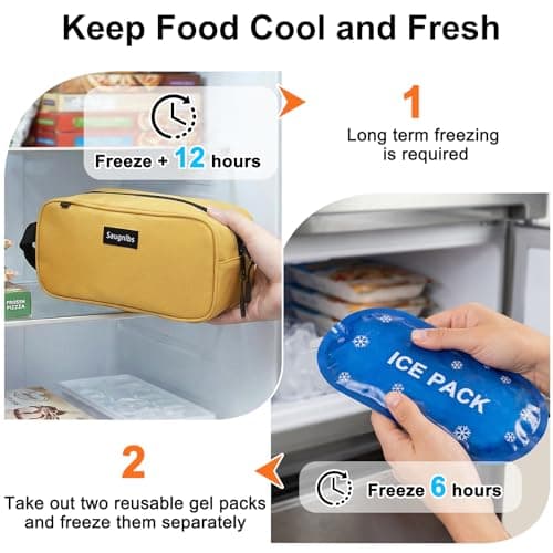 Saugnlbs Small Cool Bag,Mini Cool Bag with Ice Packs,Small Insulated Lunch Bag with Handle Buckle,Freezable Lunch Bag for Travel/Work/School/Outdoors, 10“ x 4.5”x 5”,Yellow — view 4