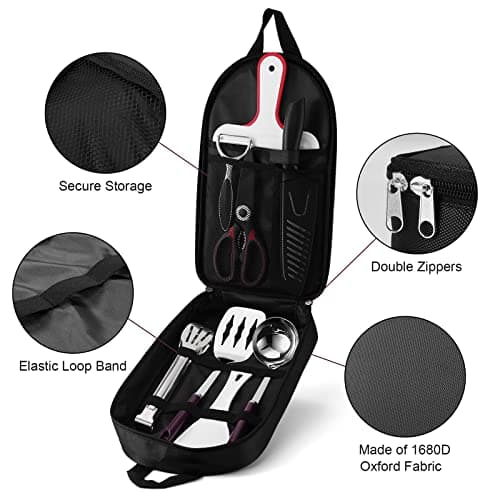 Odoland Camping Kitchen Utensil Organizer Travel Set with Tongs, Scissors, Cutting Board, Rice Paddle and Water Resistant Case for Indoor Daily Meal or Outdoor Hiking Picnic and Trekking — view 3