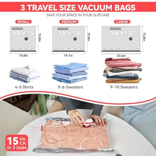 VACKFOX Vacuum Bags for Travel with USB & TYPE C Pump,Vacuum Seal Travel Bags,15 Pack Carry-on Size Vacuum Storage Bags for Luggage and Suitcase,Space Saver for Clothes and Travel(Red) — view 4
