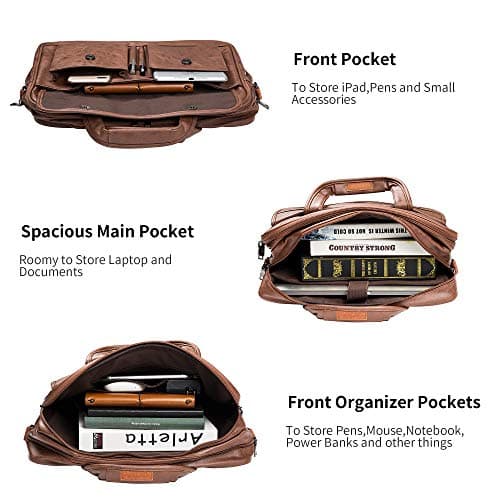 seyfocnia Mens Laptop Bag, PU Leather Messenger Bag Water Resistant Business Travel Briefcase, Work Computer Bag Satchel Bag for Men（17.3 Inch Brown） — view 3