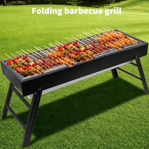 HOMIVION® Portable Folding Charcoal BBQ Grill, Comapct Outdoor Barbecue, Iron Grill with Foldable Legs, Lightweight Camping BBQ for Garden, Picnic & Travel (60 x 22.5 x 32 cm) — view 2
