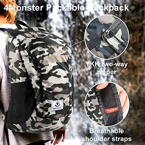 4Monster Packable Backpack Ultra Lightweight, Foldable Backpack Water Resistant, Hiking Daypack for Travel Camping Outdoor, Daily Walk-around, Cycling, Sports, Excursions(Camouflage Brown, 16L) — view 5