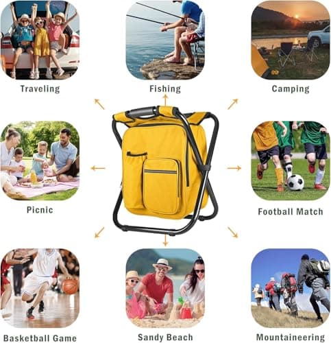 Kikerike Backpack Stool Cooler Chair Heavy Duty 300 LBS Max Load Portable Lightweight Stool Backpack Folding Fishing Cooler Seat for Camping Hunting Fishing - Yellow — view 3