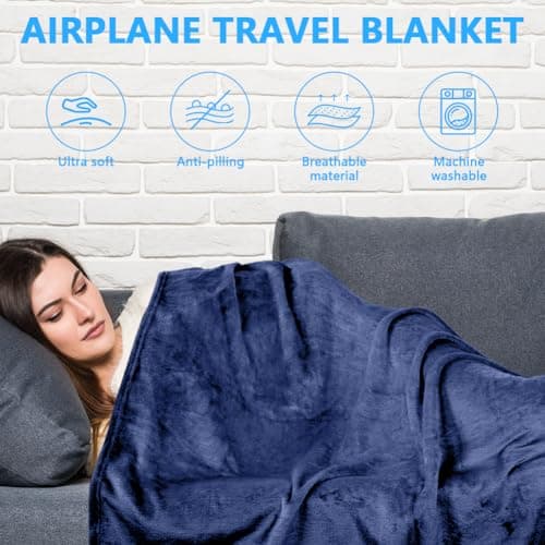 flintronic Travel Blanket and Pillow, 2 in 1 Airplane Blanket with Eye Mask and Ear Plugs, Compact Office Blankets, Lightweight & Portable Pillow for Long Flights and Trains (Navy Blue) — view 4
