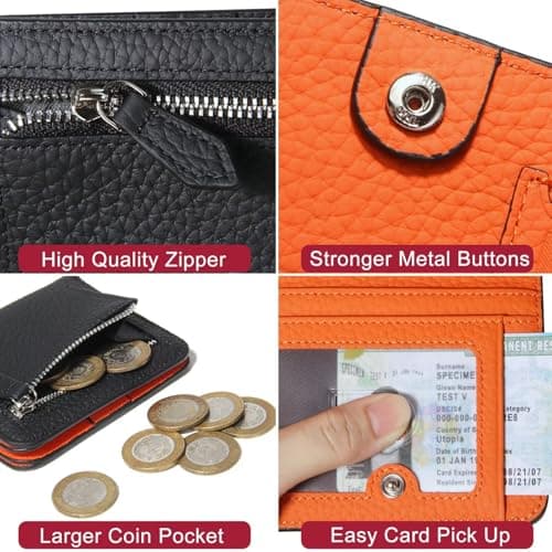 GADIEMKENSD Small Wallet Bifold Credit Card Holder Genuine Leather Coin Purse RFID Blocking Mini Compact Pocket Wallet with Zipper Ultra Slim Minimalist Black/Orange — view 6