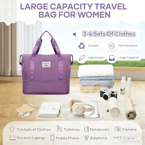 HUANYO Expandable Holdall Bag - 2-in-1 Design (20L to 35L), Foldable Waterproof Lightweight Sports & Travel Bag for Men and Women, Perfect for Gym, Beach, Yoga and Weekend Trips (Purple) — view 5