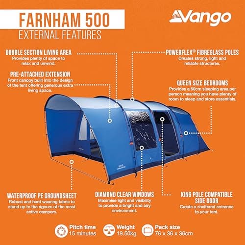 Vango Farnham 500 Stylish 5 Man Tunnel Tent [Amazon Exclusive] with TBS II for All Weather Family Camping, Attached Sun Porch, Sewn-In Groundsheet, River Blue — view 2