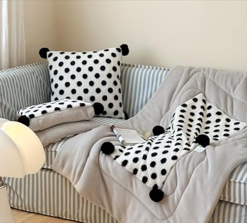 2 in 1 Travel Pillow Blanket, Soft Micro Plush Foldable Blanket Pillow, Flannel Throw for Flights Car Office Naps, Decorative Cushion Cover with Pom Poms Tassels, Warm Winter Travel Accessory (White)