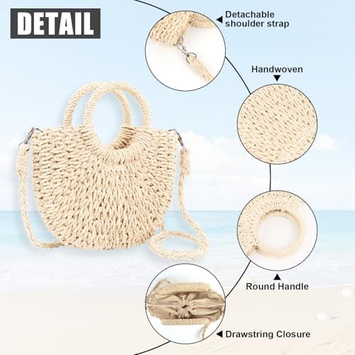 Womens Straw Beach Bag, Summer Straw Tote Bag for Women, Handwoven Rattan Handbag with Detachable Strap, Boho Style Top Handle Bag Clutch Purse for Vacation Travel Shopping — view 4