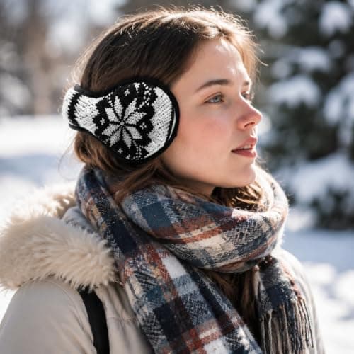Unisex Winter Earmuffs, Foldable Behind Head Knitted Wool Ear Warmers with Adjustable Elastic Band, Snowflake Pattern Thermal Earmuffs for Outdoor Cold Weather Activities Travel — view 4