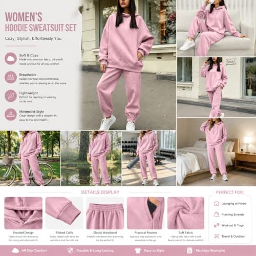 Ladies Tracksuit Sets Lavender Cotton Fleece Two Piece Outfit Women Drawstring Hooded Co Ord Sets Elastic Ankle Cuff Jogger Pants Relaxed Lounge Sets for Gym Casual Daily Wear Size M — view 6