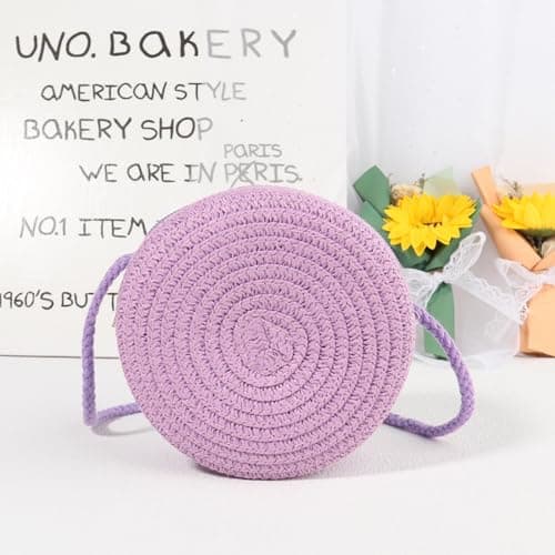 Jamron Handmade Round Straw Bag Crossbody Shoulder Bag Bohemian Beach Bag with Zipper SN0702152 Mini Purple — view 2