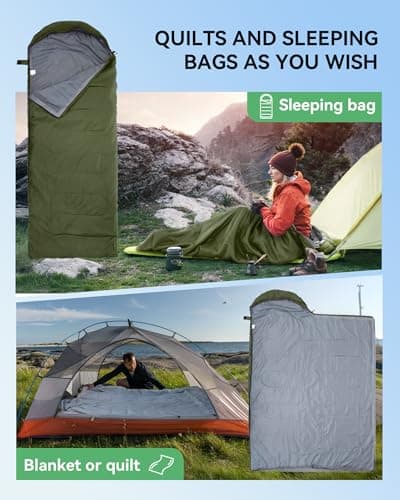 Warmiehomy Sleeping Bag for Adults, 3 Seasons Ultralight Rectangular Sleeping Bags with Snug Drawcord Hoood, Warm Camping Quilt with 2 Pull Tab Zipper for Hiking, Fishing, Backpacking(Army Green) — view 3