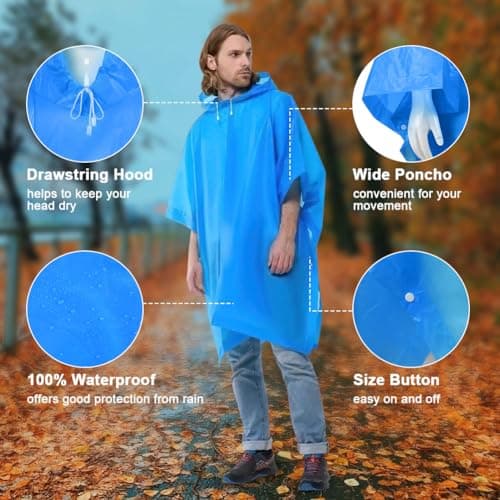 OSDUE 2 Pack Portable Raincoat, Rain Poncho Waterproof with Hoods and Sleeves, Reusable Rain Resistant Poncho for Camping, Emergency Situations, Travel (Blue) — view 4