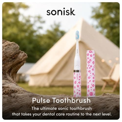 Sonisk Pulse | Battery Powered Electric Toothbrush | Portable Travel Size with Antimicrobial Sonic Technology | 1x Battery, 2X Brush Heads, 1x Travel Case Included (Pink Leopard) — view 3
