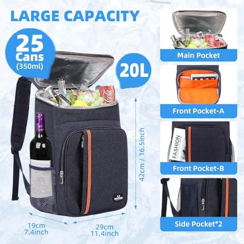 Bagtopia Camping Cooler Backpack 25 Cans, Leak Proof Soft Insulated Compartments Thermal Bag, Portable Lightweight Beach Travel Trip Picnic Lunch Backpack for Men and Women, Stripes-Navy Blue — view 2