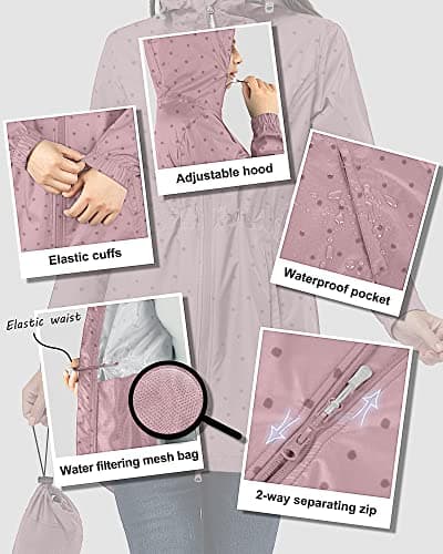 33,000ft Women's Rain Jacket Lightweight Hooded Long Rain Coat Waterproof Jacket Ladies Packable Functional Jacket Windbreaker Breathable Active Outdoor Coats Dotted Pink 3XL/20-22 — view 5