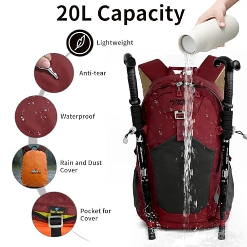 Lightweight Hiking Backpack, 20L Women/Men Waterproof Travel Rucksack Bag with Rain Cover, Outdoor Small Foldable Daypack for Student, Fit for 12.9 inch Laptop, Wine Red — view 3
