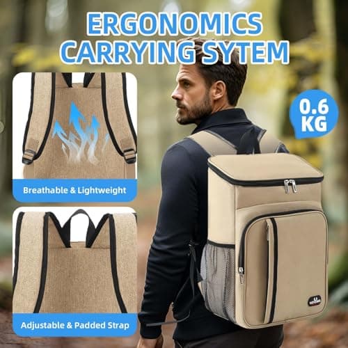 Bagtopia Camping Cooler Backpack 25 Cans, Leak Proof Soft Insulated Compartments Thermal Bag, Portable Lightweight Beach Travel Trip Picnic Lunch Backpack for Men and Women, Stripes-Khaki — view 4