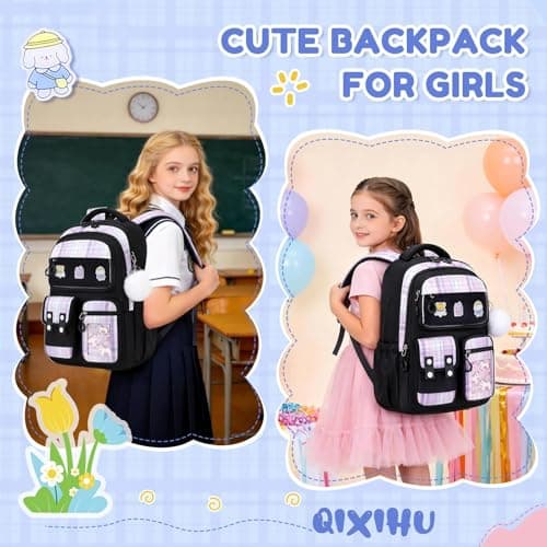 QIXIHU Girls School Backpack, Cute Kawaii Kids Rucksack for Primary School Students, Water Resistant Bookbag with Cartoon Pins & Pom Pom, Travel Bag with Luggage Strap — view 4
