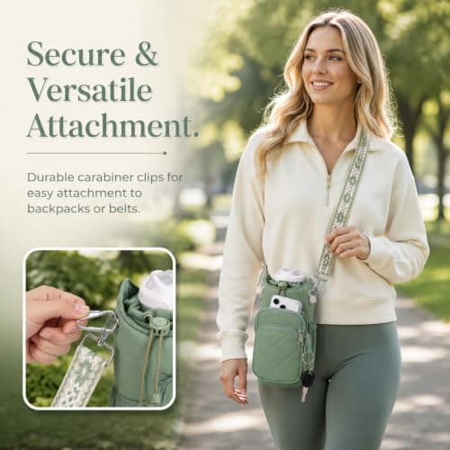 Cosblisvia water bottle holder, small water bottle for handbag, carrier bags With Insulated Pocket Strap For Women Men Students, Walking Travel Gym Beach Commute, Green — view 5