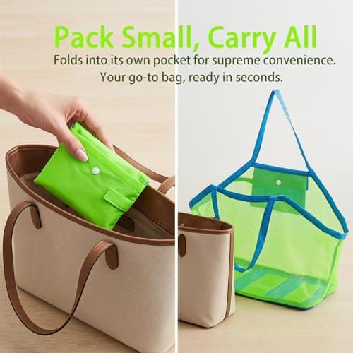 Large Mesh Beach Bag, 30L Foldable Mesh Swimming Bag for Outdoor, Quick-Dry Sandproof Summer Net Beach Bags for Kids Children Large Capacity Storage Bag (16×15 x 12 in) Green — view 5