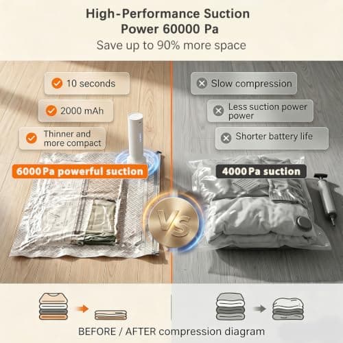 Vacuum Bags for Clothes with 60000Pa Electric Pump, Pack of 18 (6 x 40 x 50 cm, 6 x 40 x 60 cm, 6 x 50 x 70 cm), Extra Thick Vacuum Bags Travel Suitcase Hand Luggage Space Saver Bags Moving Wardrobe — view 3