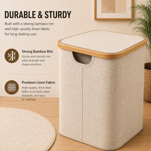 Bamboo Laundry Basket, Removable Bag, Foldable Clothes Hamper, Beige, 55L — view 3