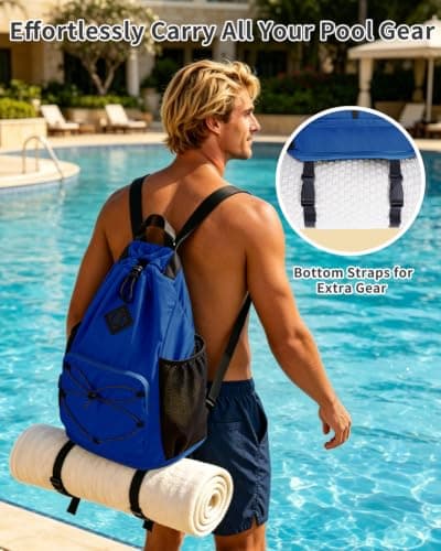 WANDF Drawstring Gym Bag Swim Bag with Removable Wet Pocket, Sandproof Beach Backpack with Compression Strap for Mat for Pool, Travel, Workout Gear (Navy Blue) — view 3