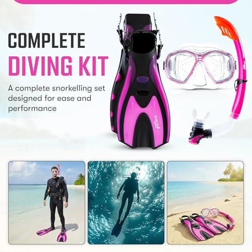 Two Bare Feet Snorkel, Mask and Fins/Flippers PVC Snorkelling Set (Adults) With Anti Fog and Wide View Mask, Anti-Leak, Tempered Glass - Scuba Dive Snorkelling Sets (S/M (UK4.5-8.5), Pink) — view 6