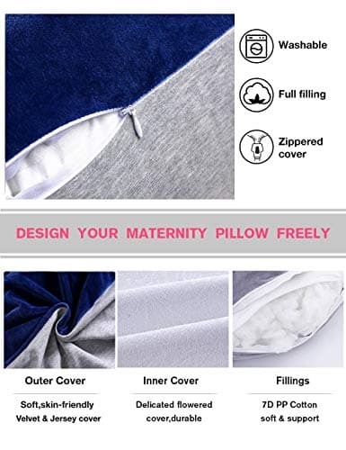 AS AWESLING Pregnancy Pillow, U Shaped Full Body Pillow, Nursing, Support and Maternity Pillow for Pregnant Women with Removable Cover (Jersey Grey & Velvet Blue) — view 3