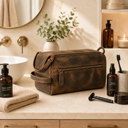 KomalC Premium Buffalo Leather Unisex Toiletry Bag Travel Dopp Kit (Distressed Tan) — view 6