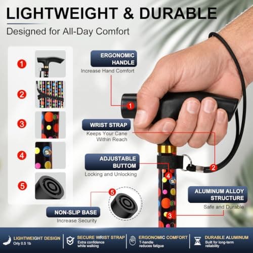 supregear Walking Stick - Adjustable Folding Walking Sticks for Women and Men - Lightweight Portable Collapsible Balancing Aid - Foldable Travel Cane for Ladies Elderly Adults, Black Polka Dots — view 5