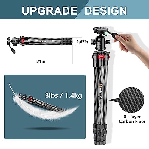 Carbon Fiber Camera Tripod Manbily 63" Lightweight Tripods with Detachable Handle Monopod for Travel with 360° Ball Head 36mm, Portable Compact for DSLR Cameras Camcorders Video Phone Canon Nikon Sony — view 3