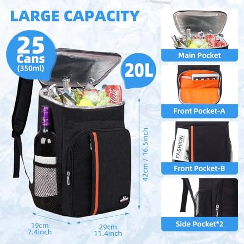 Bagtopia Camping Cooler Backpack 25 Cans, Leak Proof Soft Insulated Compartments Thermal Bag, Portable Lightweight Beach Travel Trip Picnic Lunch Backpack for Men and Women, Stripes-Black — view 2