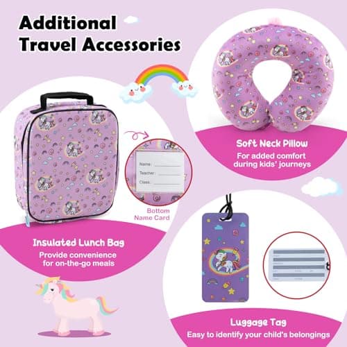 HOMFME 5PCS Kids Luggage Set, 16 Inch Children Suitcase and 13 Inch Backpack Set with Neck Pillow, Lunch Bag, Name Tag, Hard Shell Toddler Trolley Suitcase for Boys Girls (Unicorn, Pink) — view 2