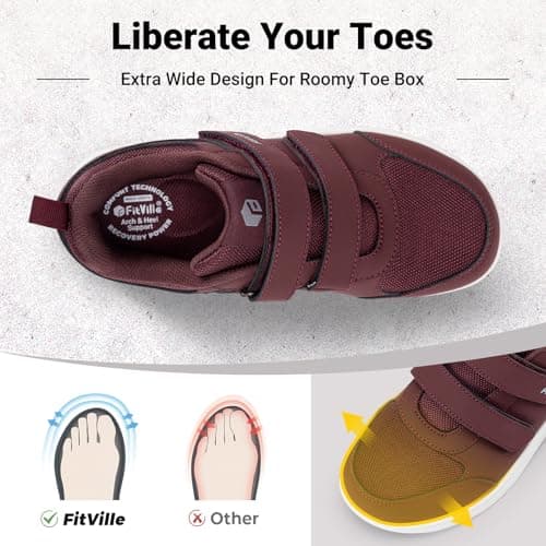 FitVille Women's Extra Wide Fit Shoes for Swollen Feet, Easy Close Adjustable Diabetic Shoes for Ladies, Non-Slip Lightweight Orthopedic Walking Trainers for Elderly, Burgundy red, 7.5 UK X-Wide — view 2