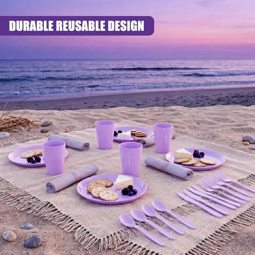 GEEZY 21 Piece Picnic Set - Reusable Purple Camping Dinner Set for 4 with Plates, Cups, Cutlery & Storage Box - Dishwasher Safe & Portable Outdoor BBQ, Party & Kids Tableware — view 5