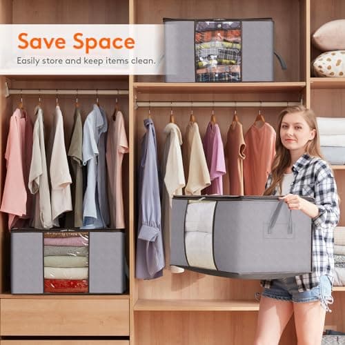 Lifewit 120L Clothes Storage Bags Large Storage Box With Lid Packing Boxes for Moving House With Reinforced Handle Thick Fabric Clear Window for Clothes Duvet Blankets Bedding, 3 Pack, Light Grey — view 5