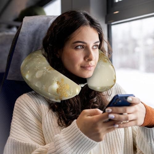 AUGUSTRUSH Memory Foam Neck Pillow - Travel Pillow With Adjustable Clasp, Removable Washable Cover For Airplane Office Car, Ergonomic Support Comfortable U-Shaped Pillow, Gold Silk Christmas Print — view 5