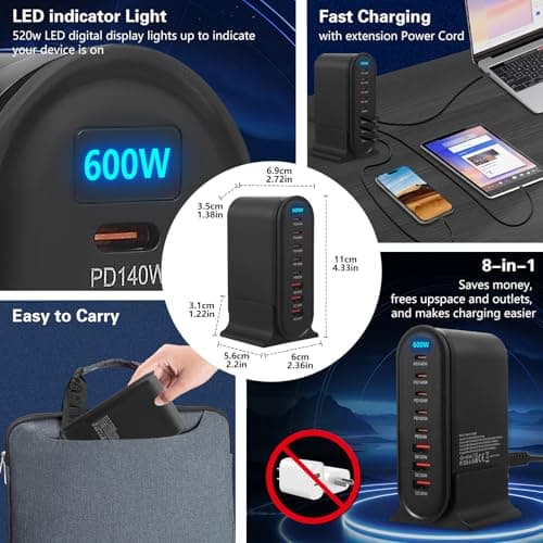 USB C Charger 600W 8 Port GaN III Fast Charging Station with 140W USB C Output, 1.5m Cable, Multi Charger Hub for Laptop, MacBook, iPhone, iPad, Samsung, Android, Home Office Travel — view 5